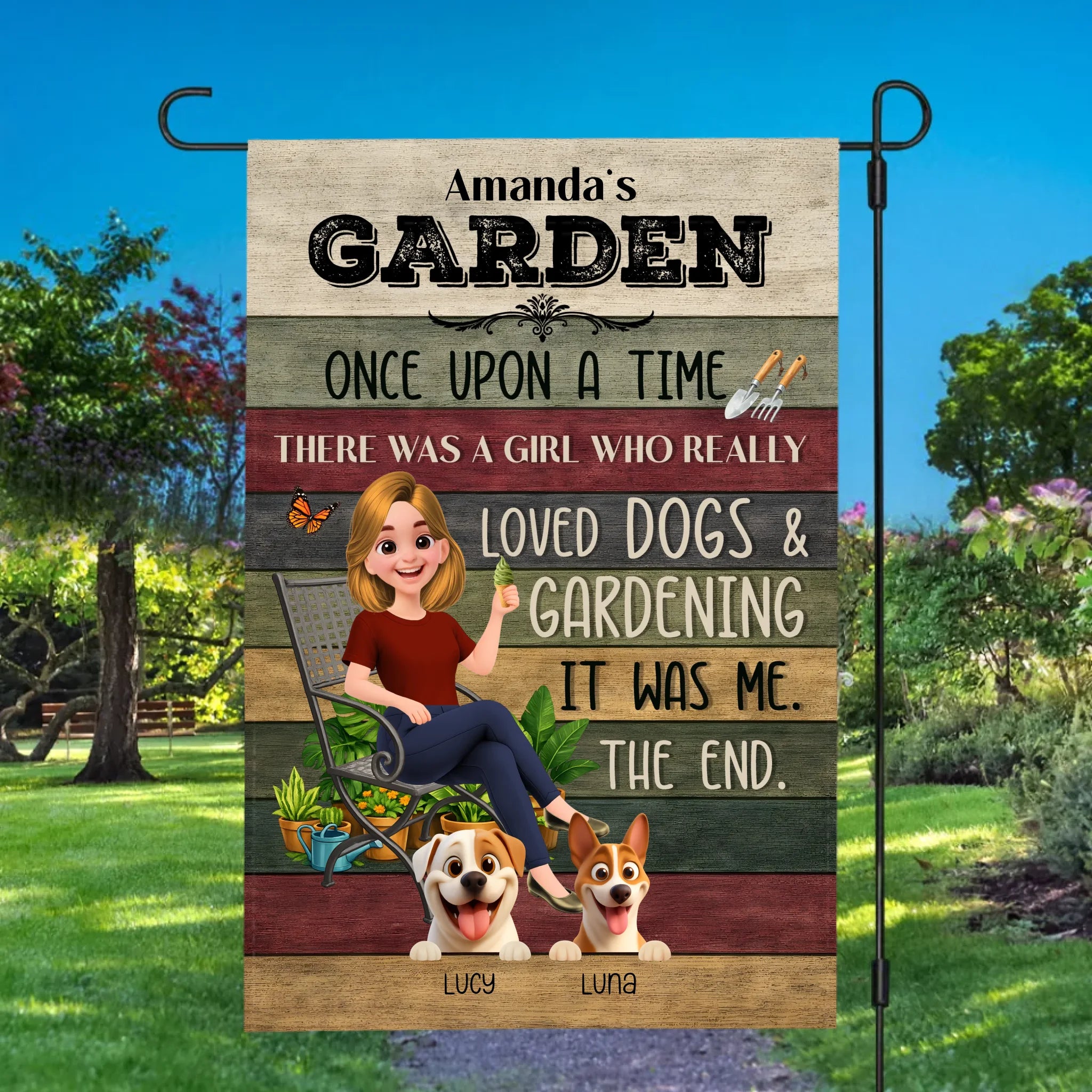 Once Upon A Time Garden Flag – Personalized Funny Story Gardener And Dogs