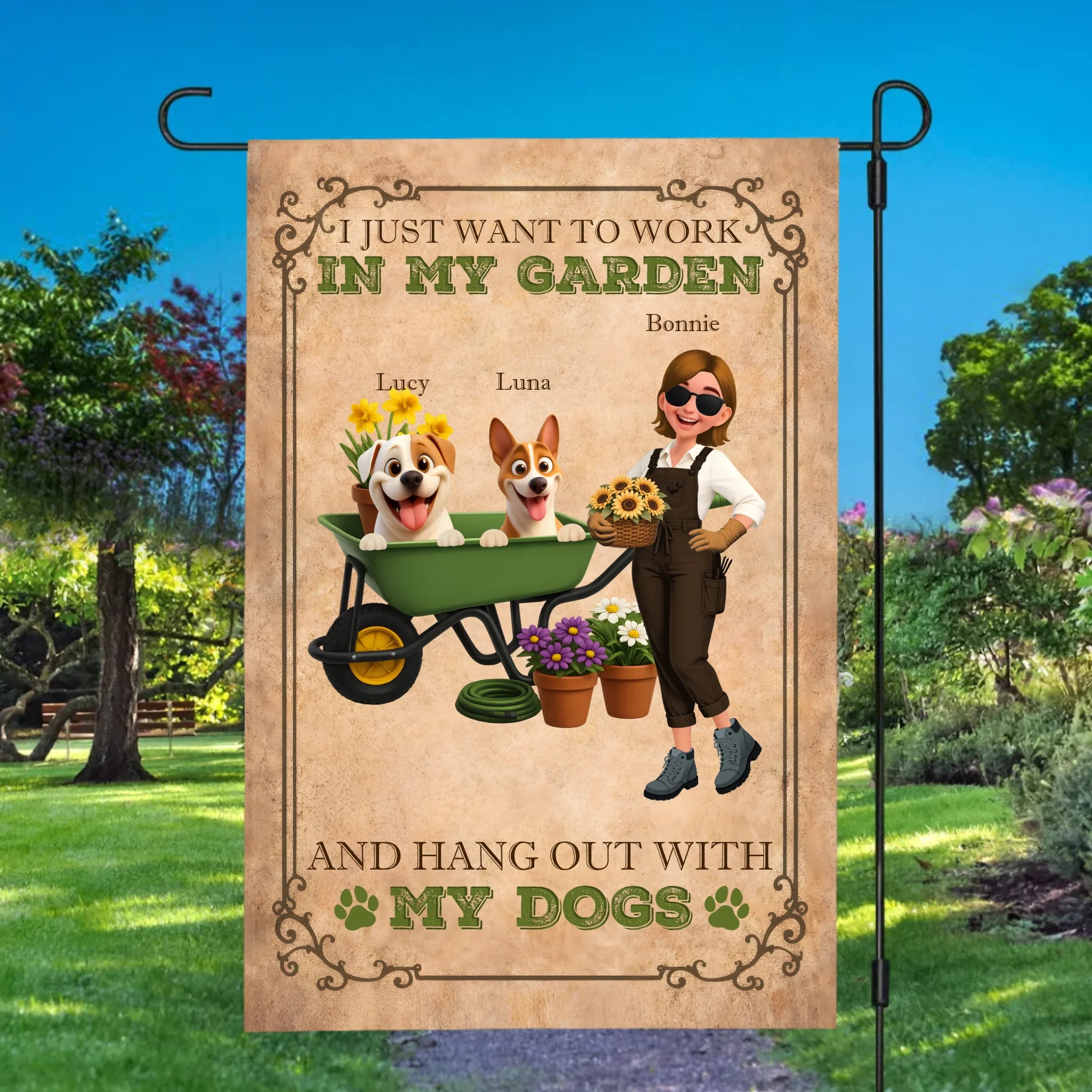 Work In My Garden Hang Out With Dogs Garden Flag – Custom Wheelbarrow Pups