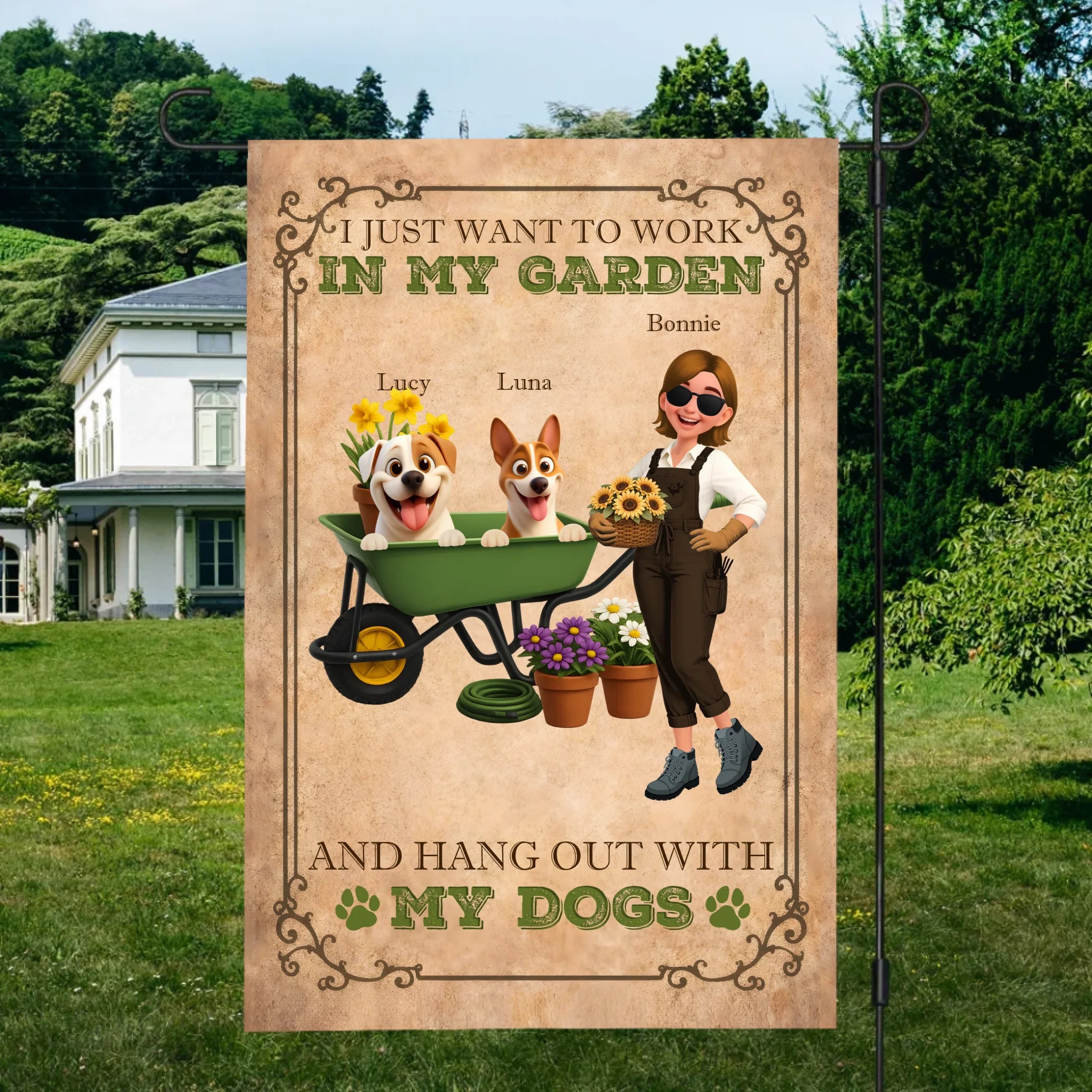 Work In My Garden Hang Out With Dogs Garden Flag – Custom Wheelbarrow Pups
