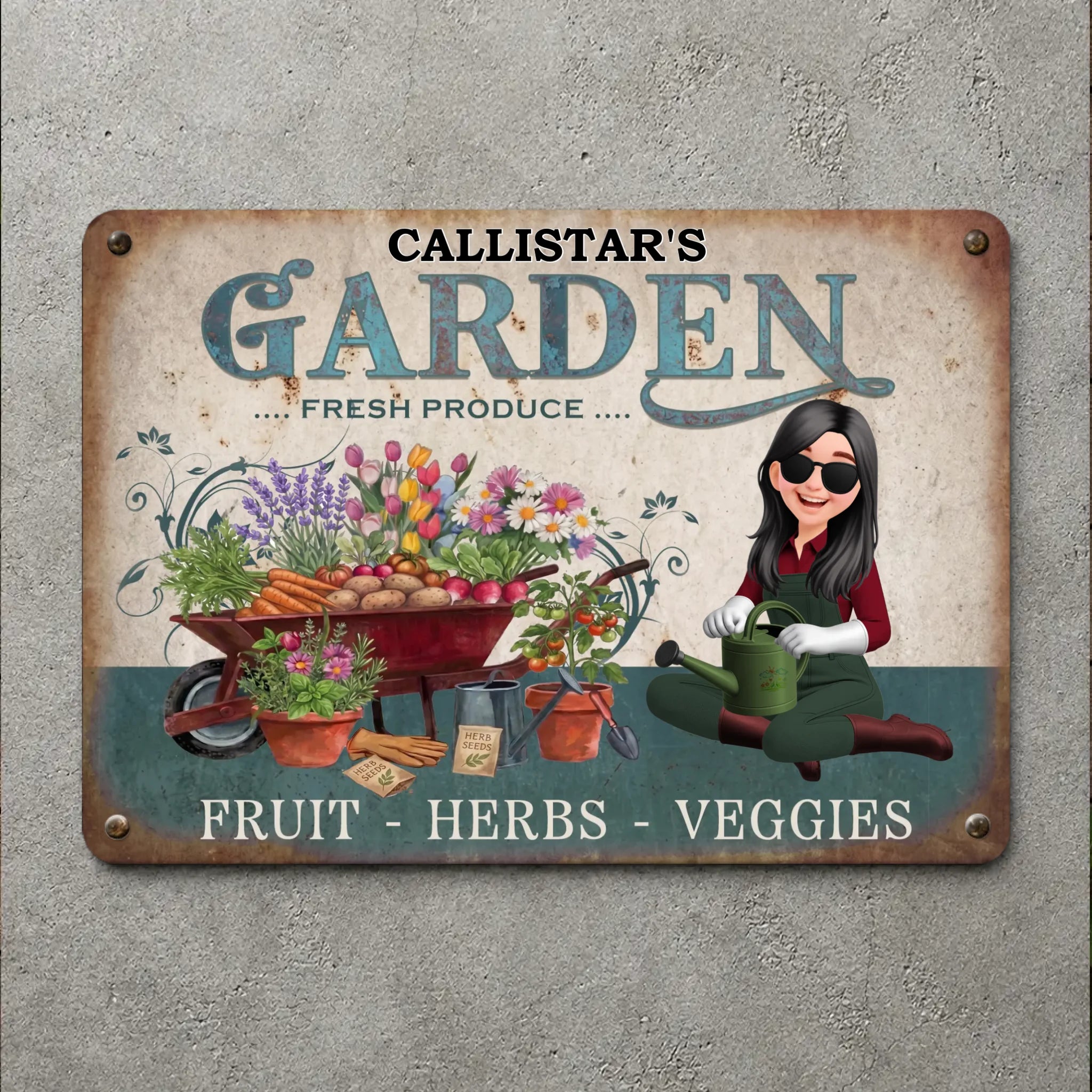 Fresh Produce Fruit Herbs Veggies Metal Signs – Custom Name For Gardeners