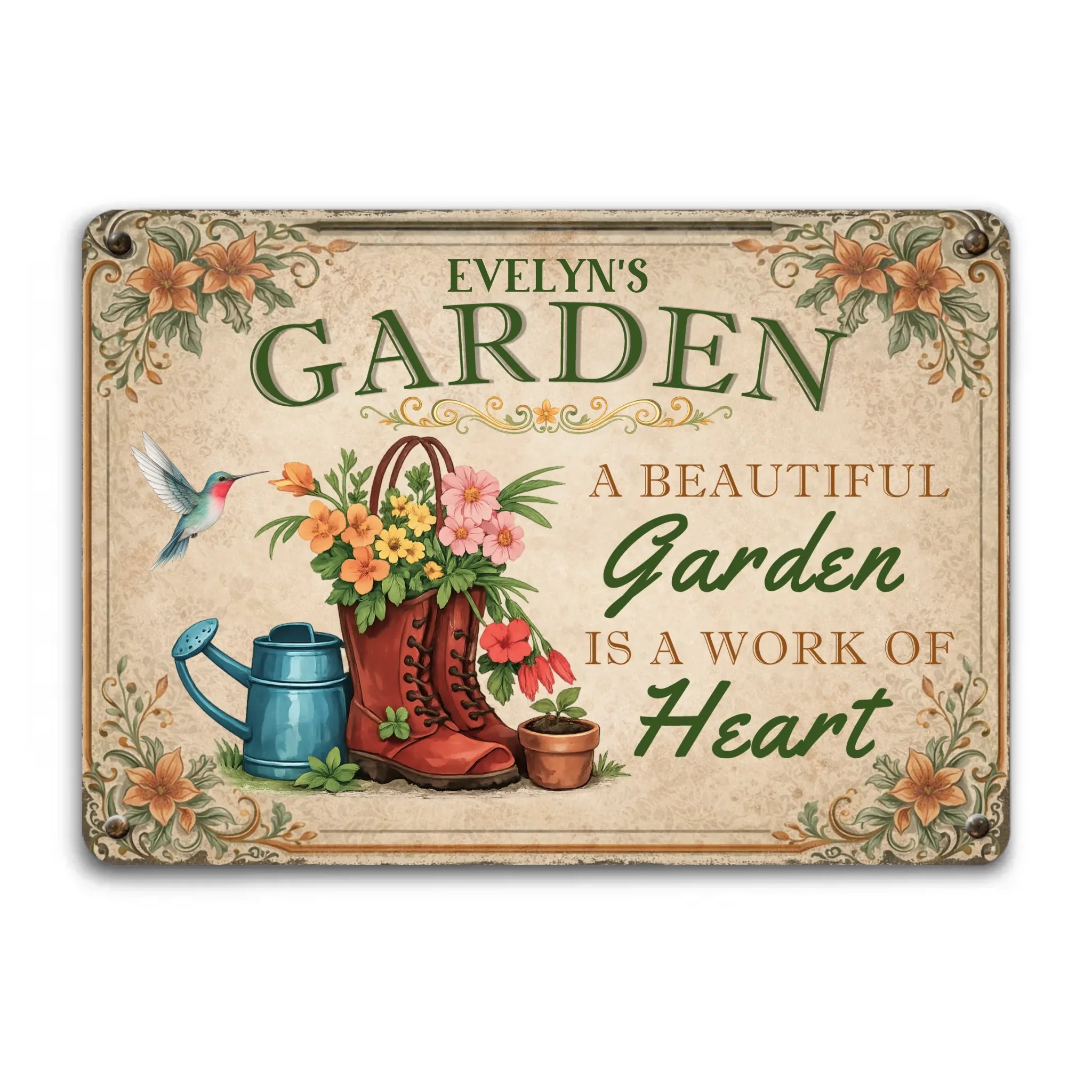 Unique Personalized Metal Signs – Garden Red Boots Hummingbird Sign With Name
