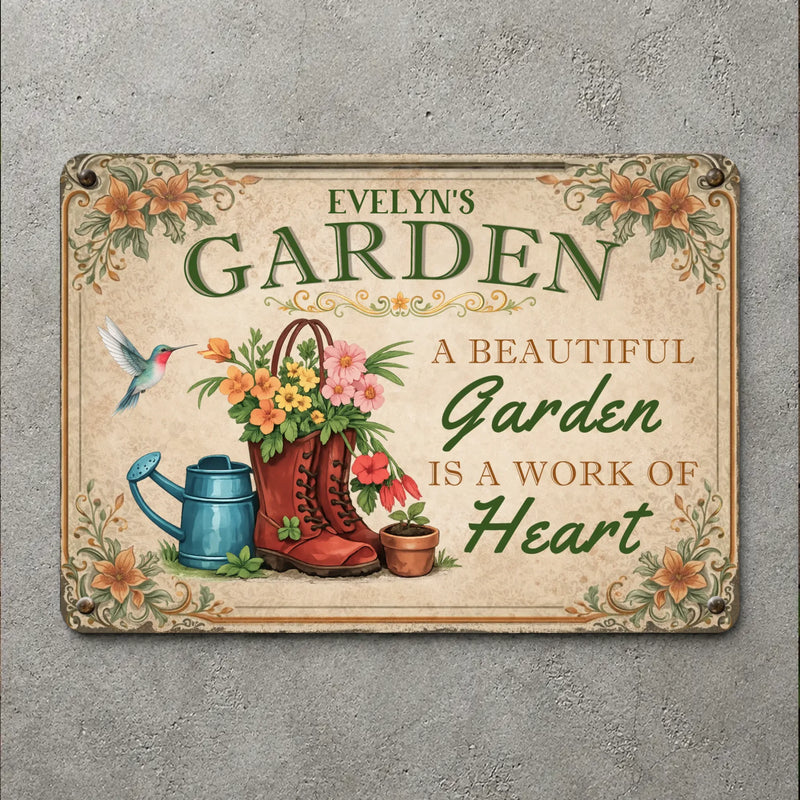 Unique Personalized Metal Signs – Garden Red Boots Hummingbird Sign With Name