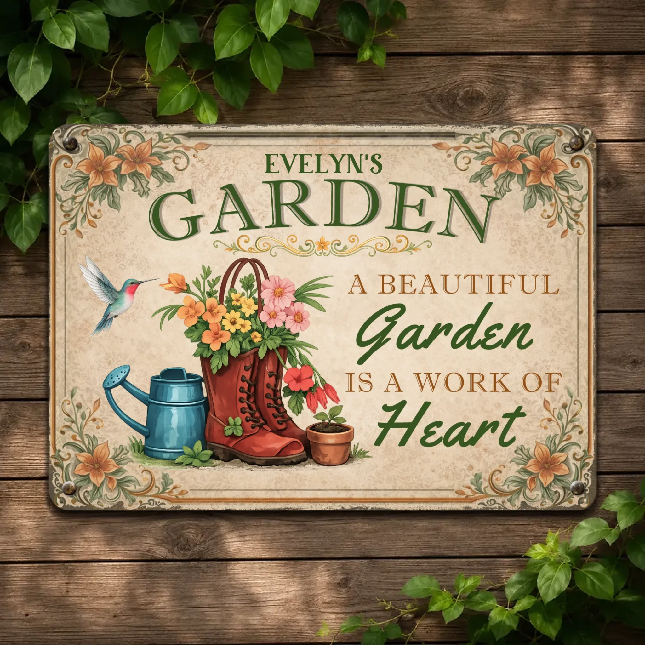 Unique Personalized Metal Signs – Garden Red Boots Hummingbird Sign With Name