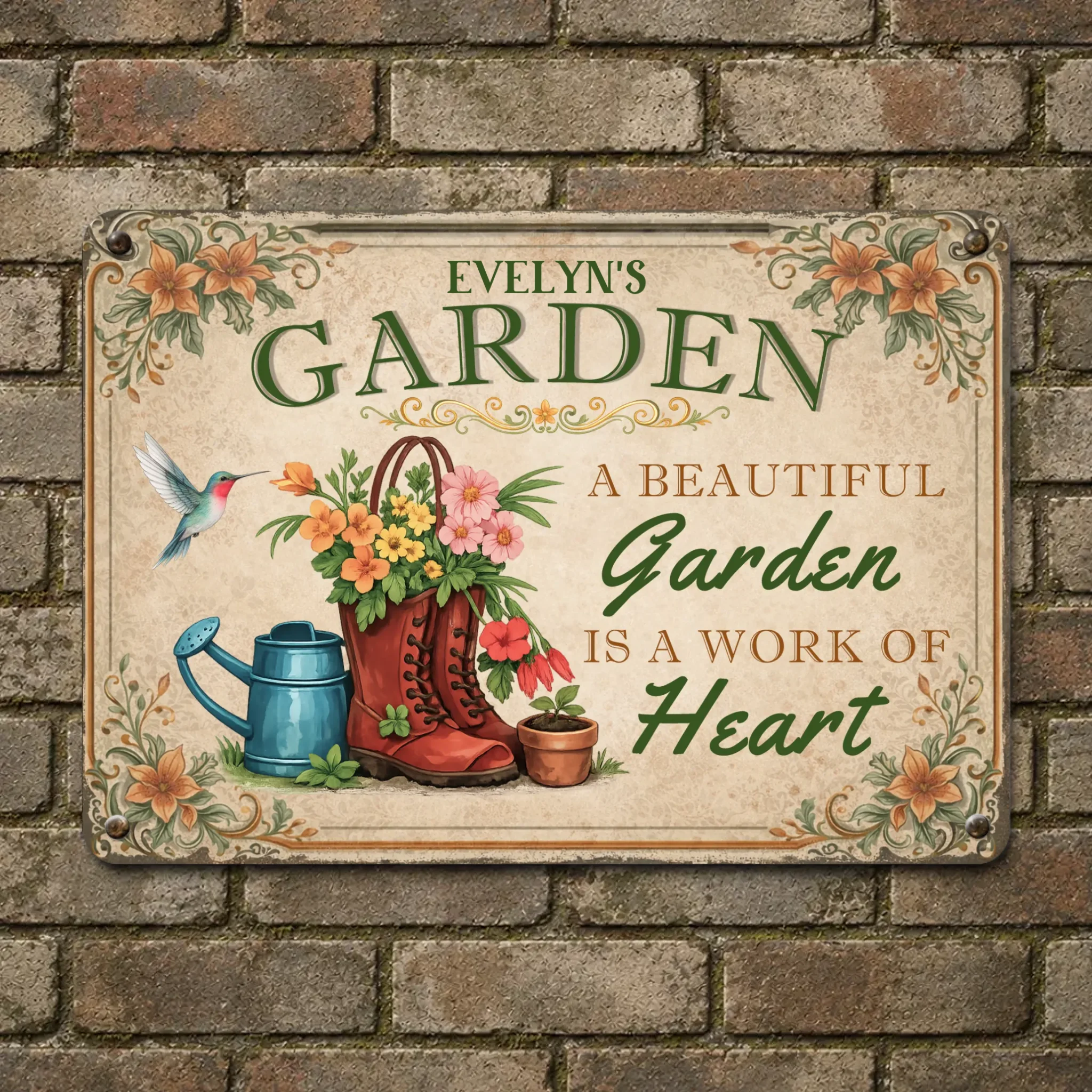 Unique Personalized Metal Signs – Garden Red Boots Hummingbird Sign With Name