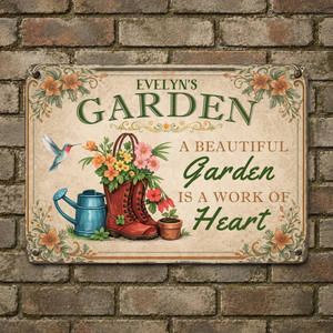 Unique Personalized Metal Signs – Garden Red Boots Hummingbird Sign With Name