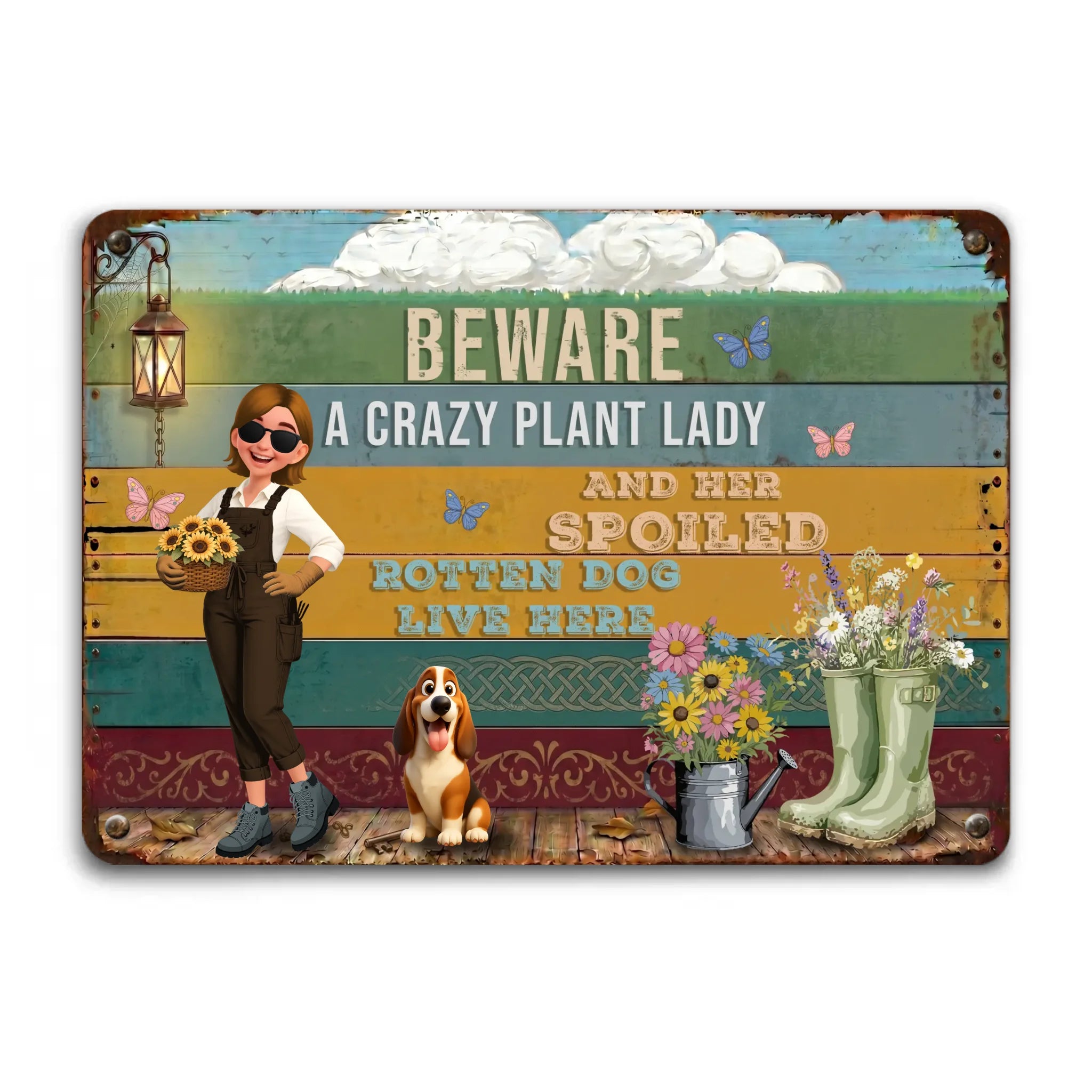 Custom Colorful Garden Metal Signs – Beware Crazy Plant Lady And Rotten Dog Live Here