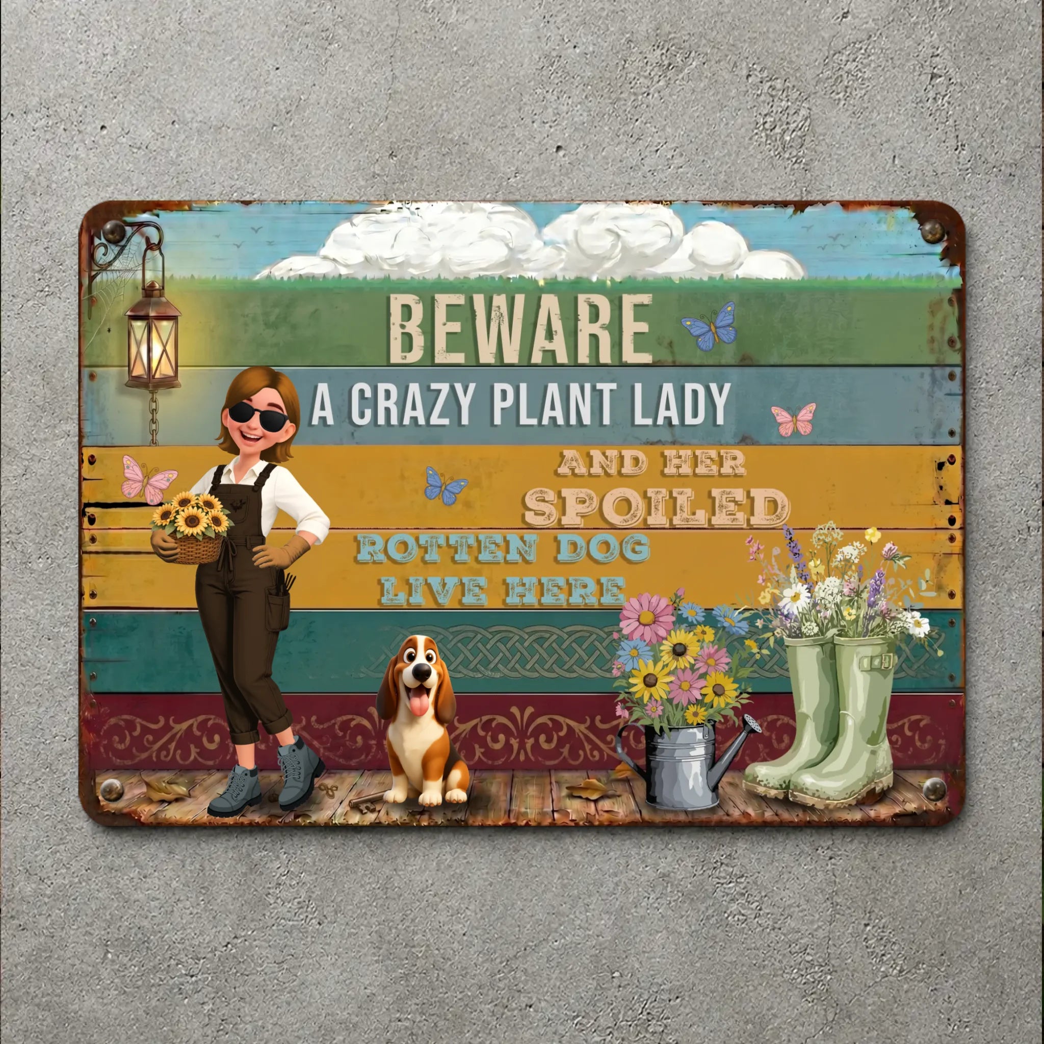 Custom Colorful Garden Metal Signs – Beware Crazy Plant Lady And Rotten Dog Live Here