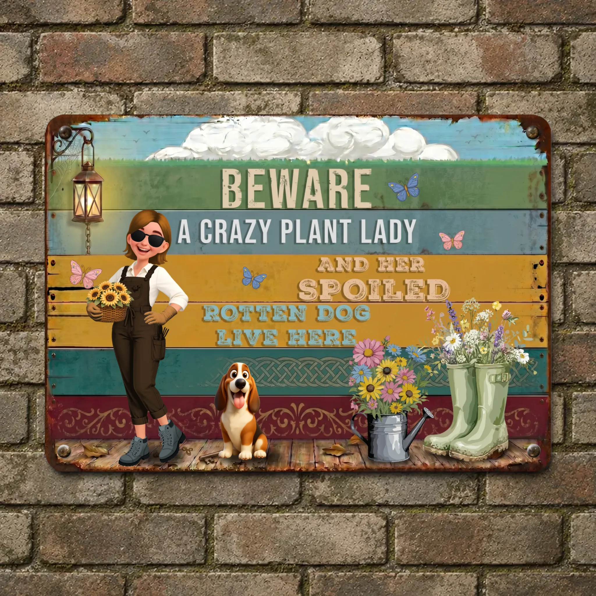 Custom Colorful Garden Metal Signs – Beware Crazy Plant Lady And Rotten Dog Live Here