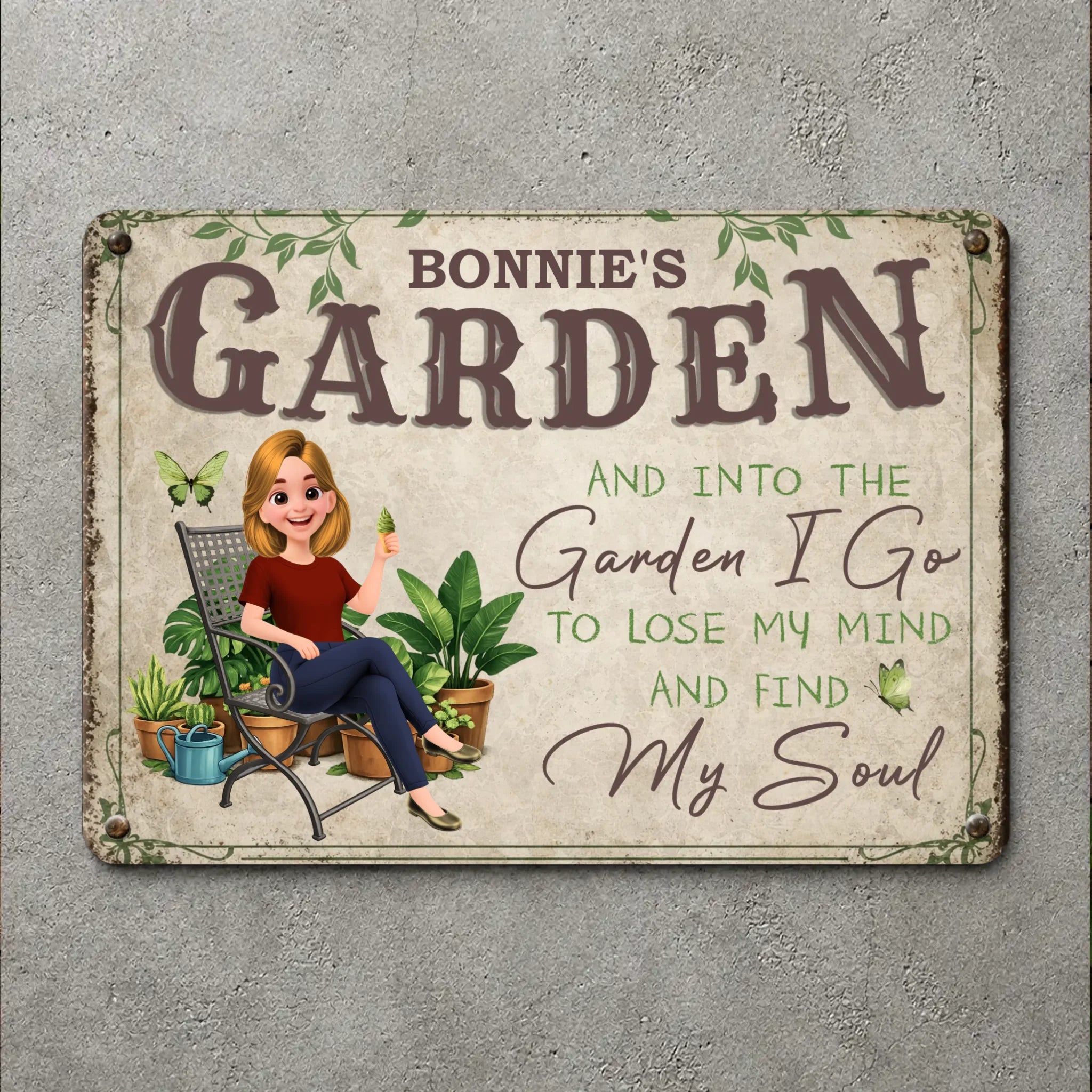 Unique Custom Metal Signs – Cozy Sitting Girl Butterfly Gift For Gardeners
