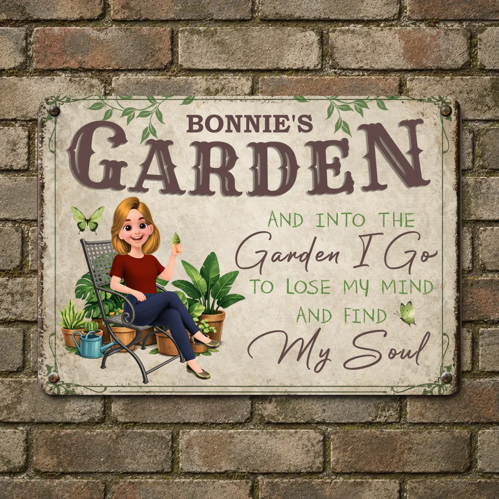 Unique Custom Metal Signs – Cozy Sitting Girl Butterfly Gift For Gardeners