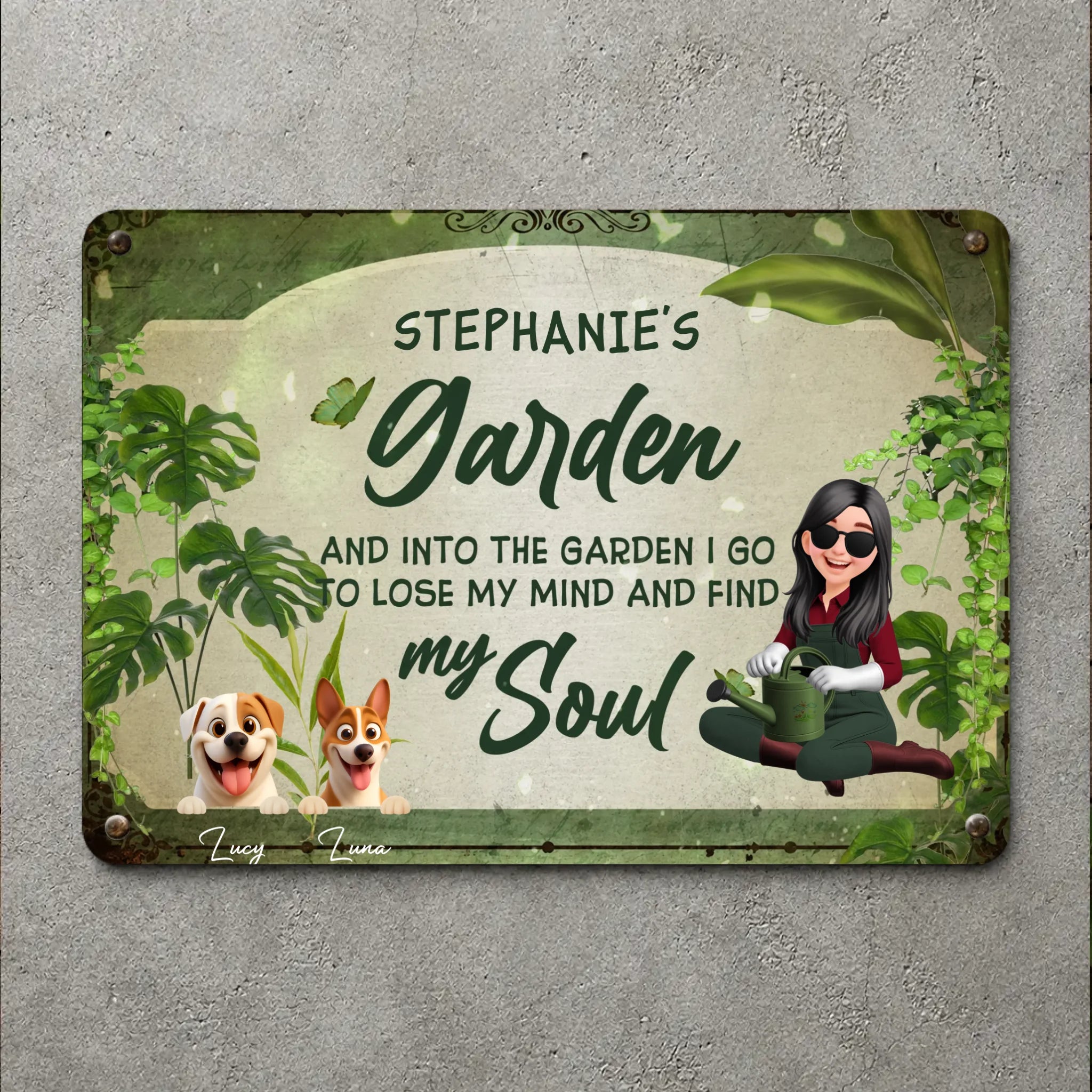 Unique Personalized Garden Metal Signs – Retro Sitting Lady Outdoor