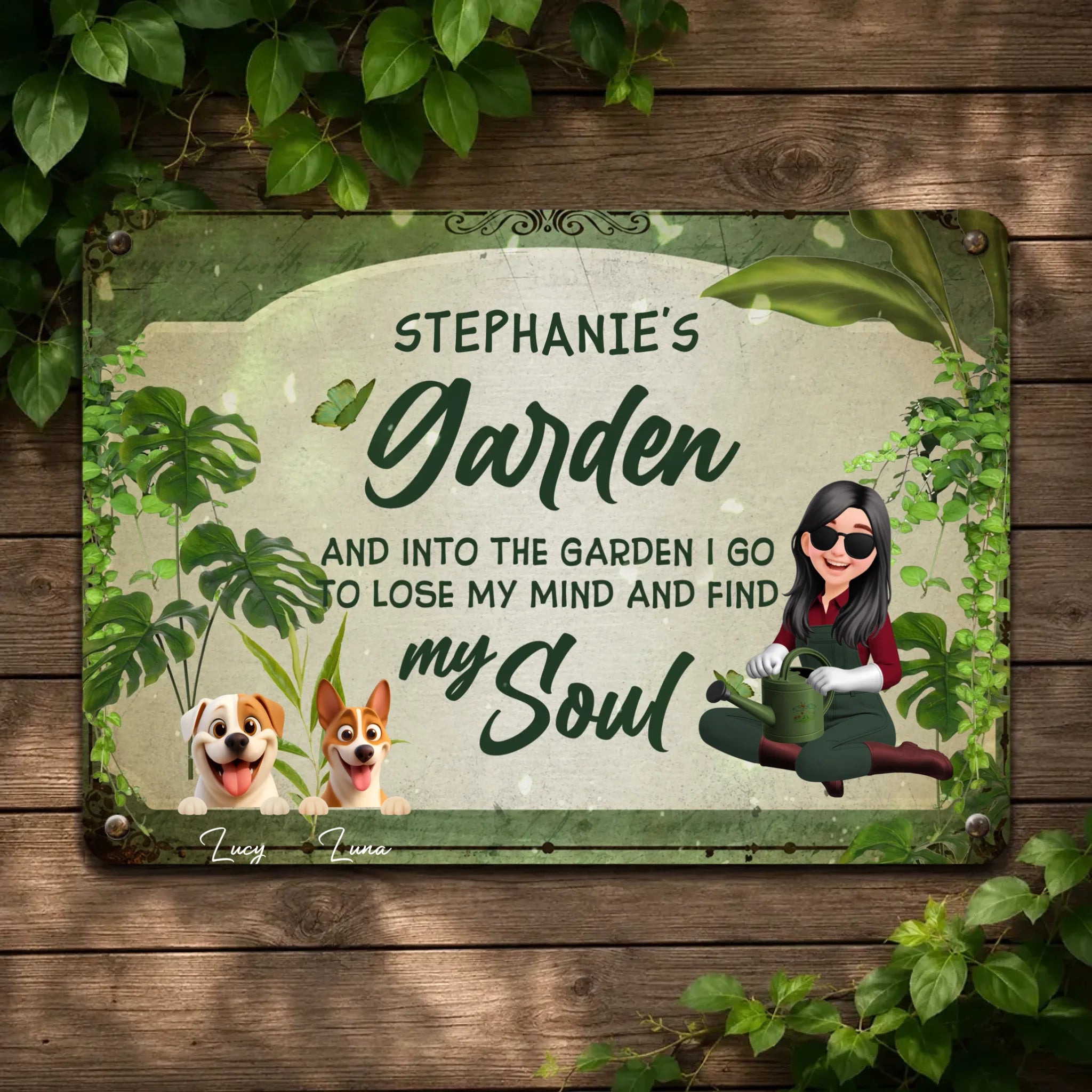 Unique Personalized Garden Metal Signs – Retro Sitting Lady Outdoor