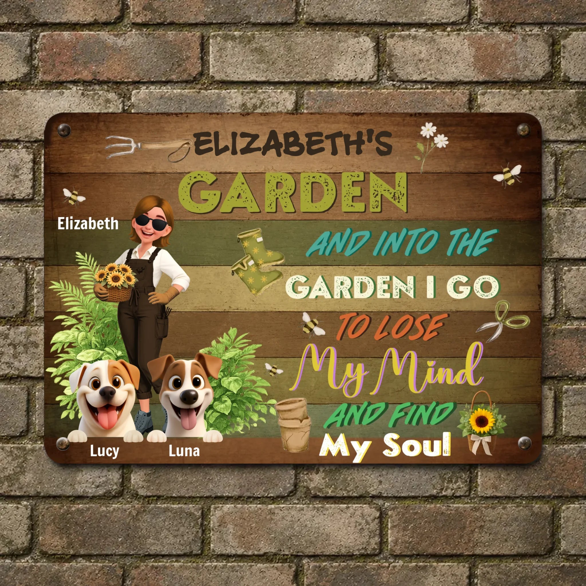 Into The Garden I Go Metal Signs – Personalized With Two Dogs Present