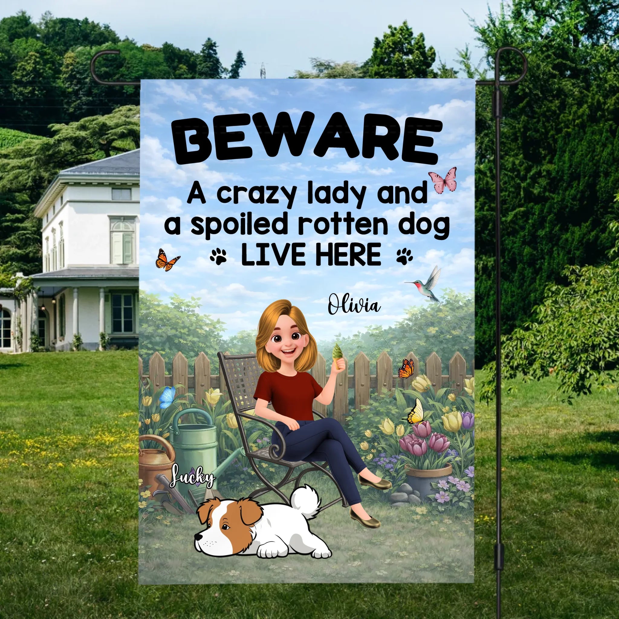 Bespoke Funny Lying Dog Garden Flag – Unique Present For Gardener
