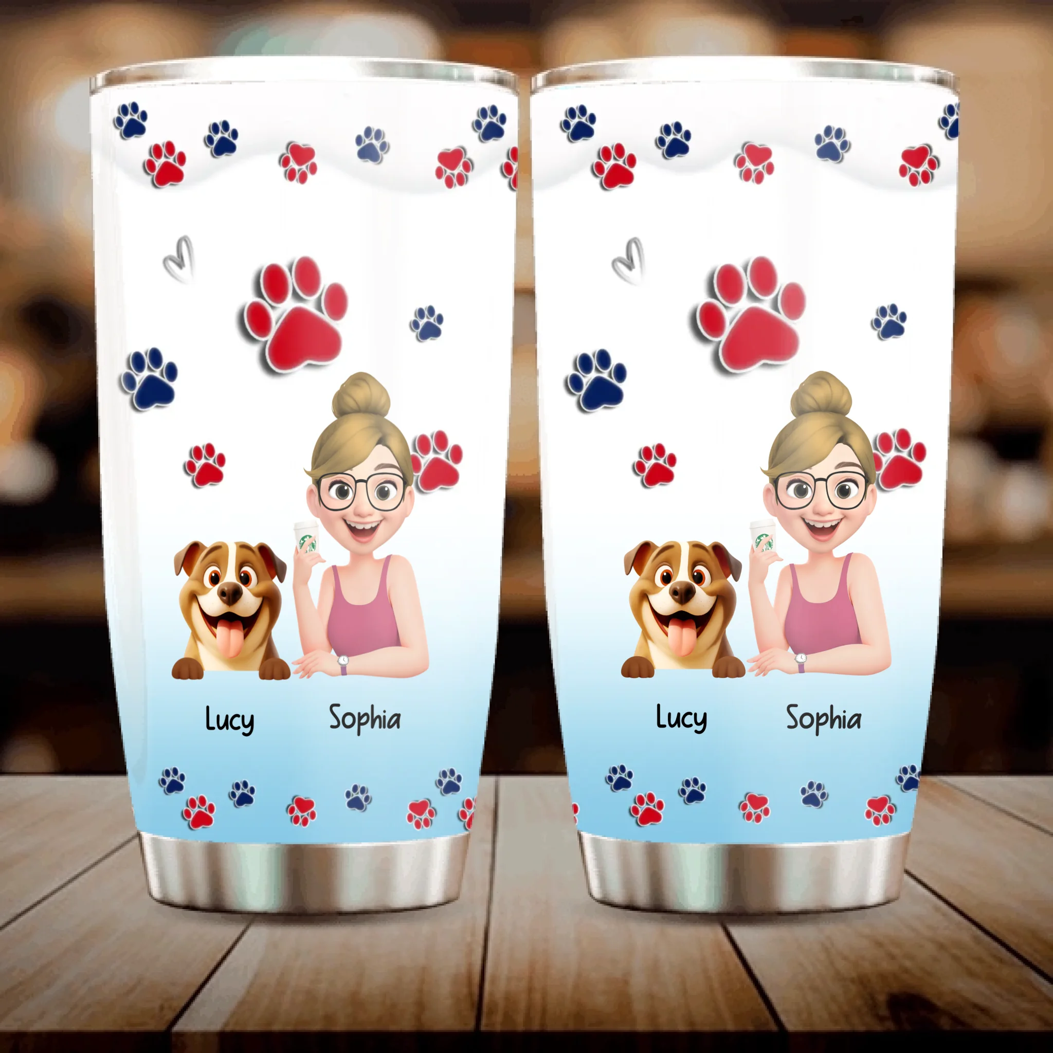 Personalzed Girl and Her Dog Tumbler – With Paw Print Background For Dog Owners - 89Prints