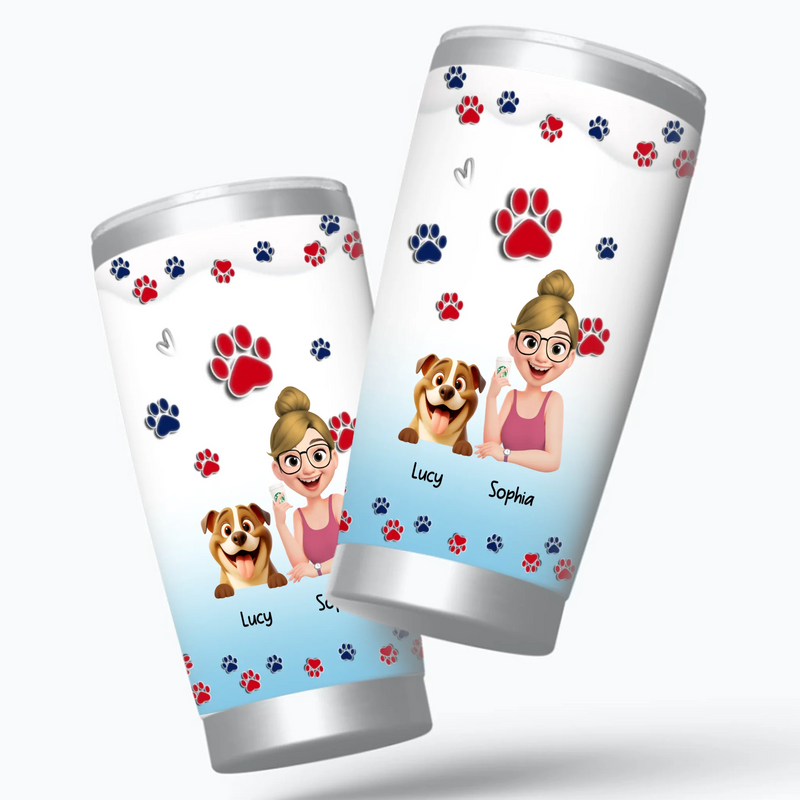 Personalzed Girl and Her Dog Tumbler – With Paw Print Background For Dog Owners - 89Prints