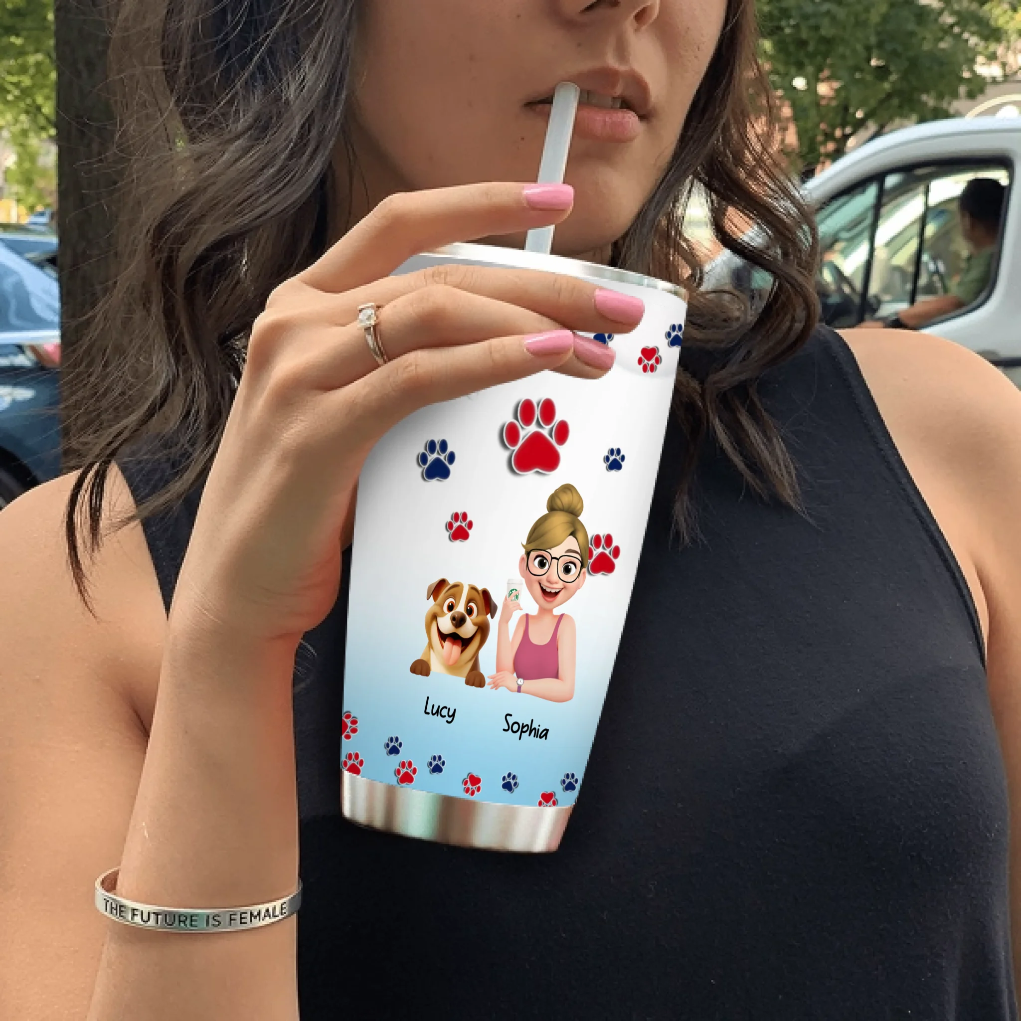 Personalzed Girl and Her Dog Tumbler – With Paw Print Background For Dog Owners - 89Prints
