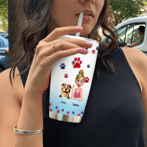Personalzed Girl and Her Dog Tumbler – With Paw Print Background For Dog Owners - 89Prints
