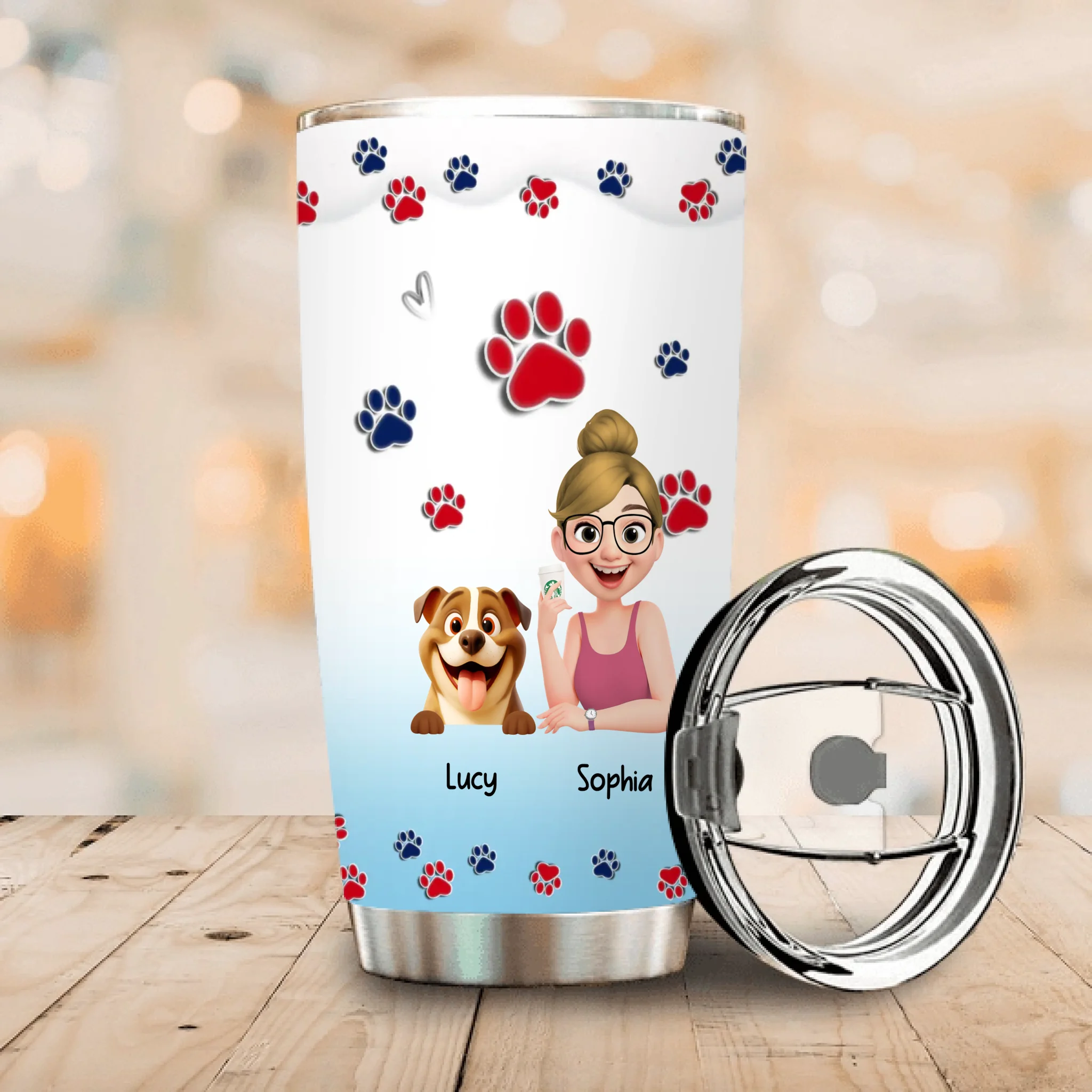Personalzed Girl and Her Dog Tumbler – With Paw Print Background For Dog Owners - 89Prints