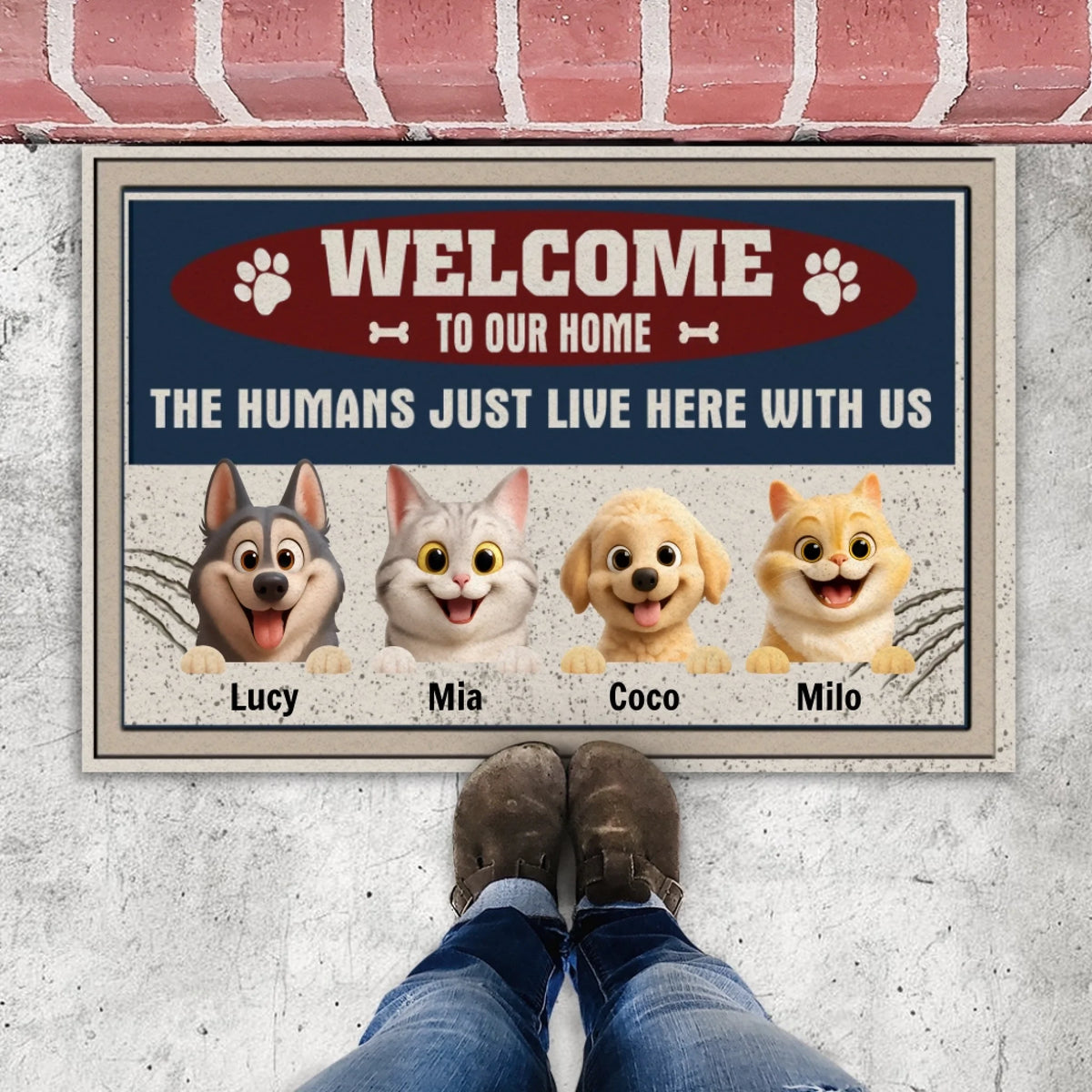 Personalized Dog & Cat Welcome Doormat – Custom Pet Names & Funny Dog Lover Gift