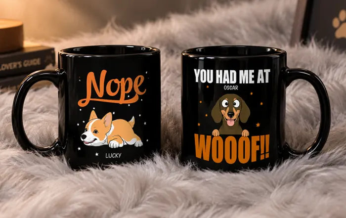 Personaliized black mug with a dog